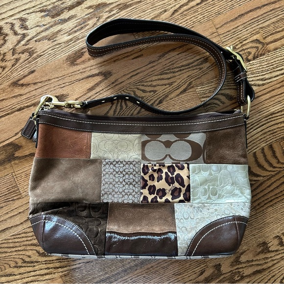 Coach brown patchwork large crossbody shoulder adjustable strap purse bag EUC - Picture 1 of 16